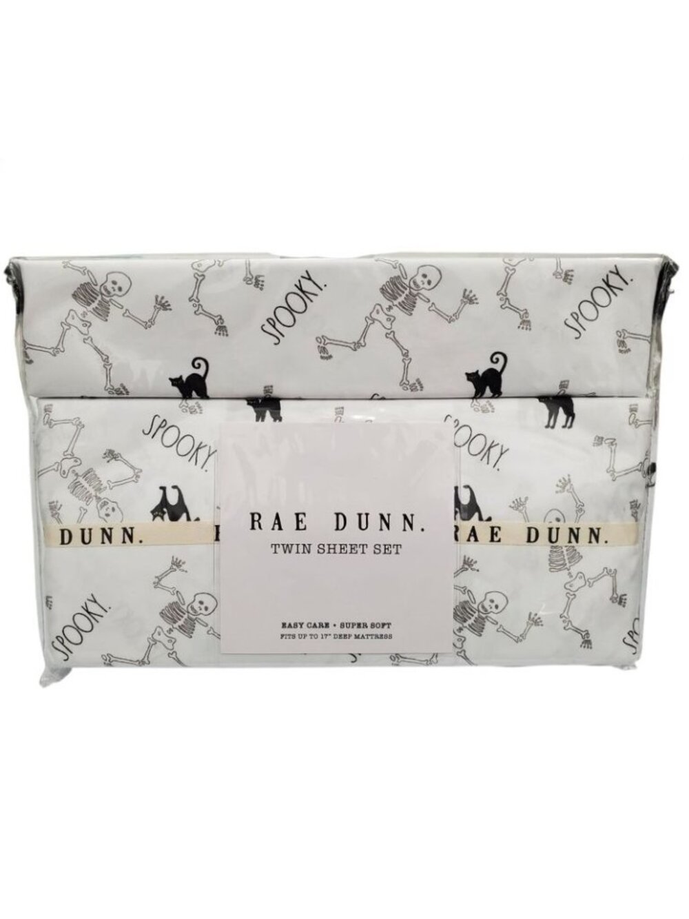 Rae Dunn Halloween White Skeleton Black Cat Printed Twin Sheet Set Bedding NEW
